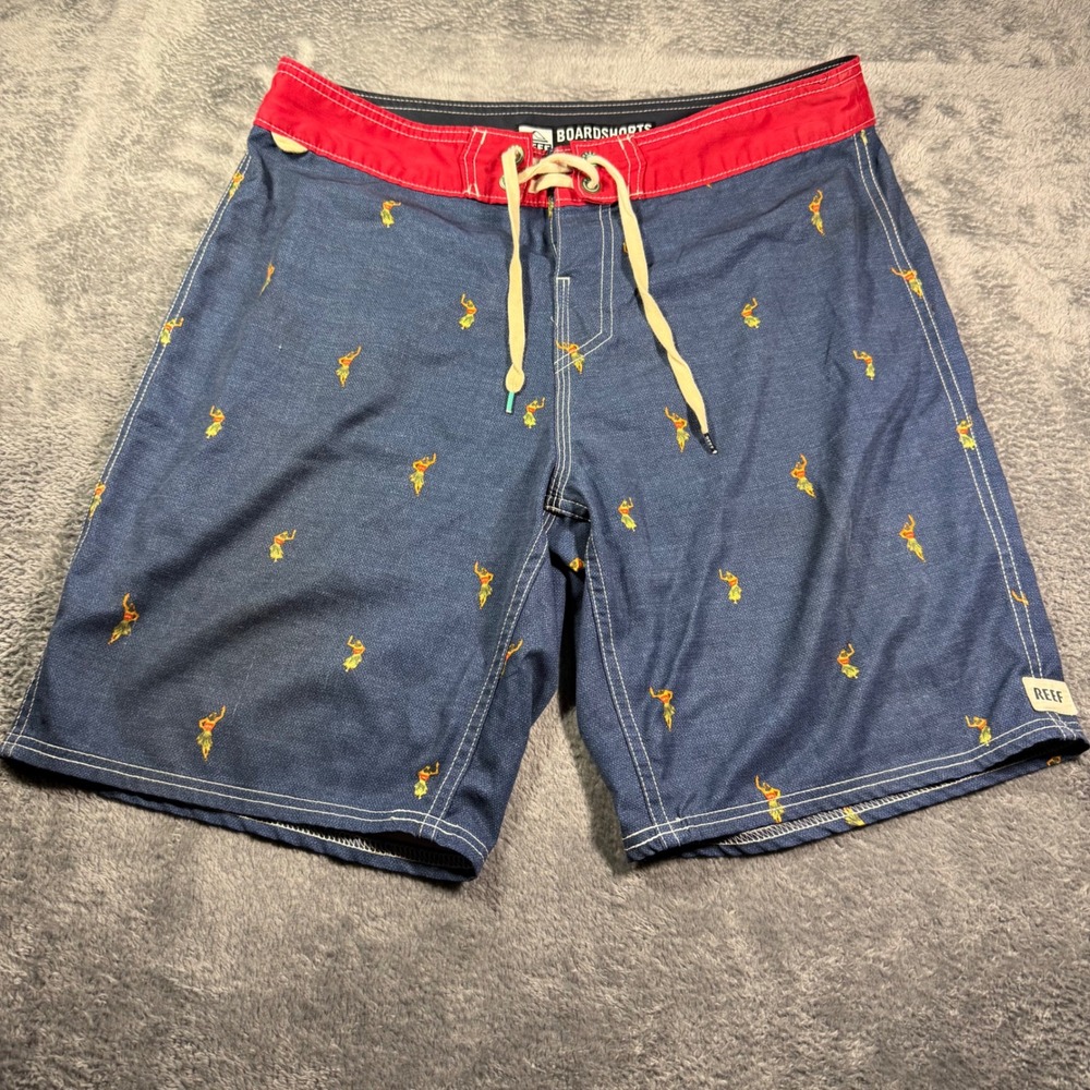 Reef Men’s Blue Board Shorts with Red Waistband and Yellow Drawstring